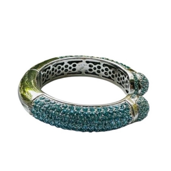 Joan Boyce Aqua Blue Pave Crystal “Kissable" Silver Cuff Bracelet - Picture 7 of 8